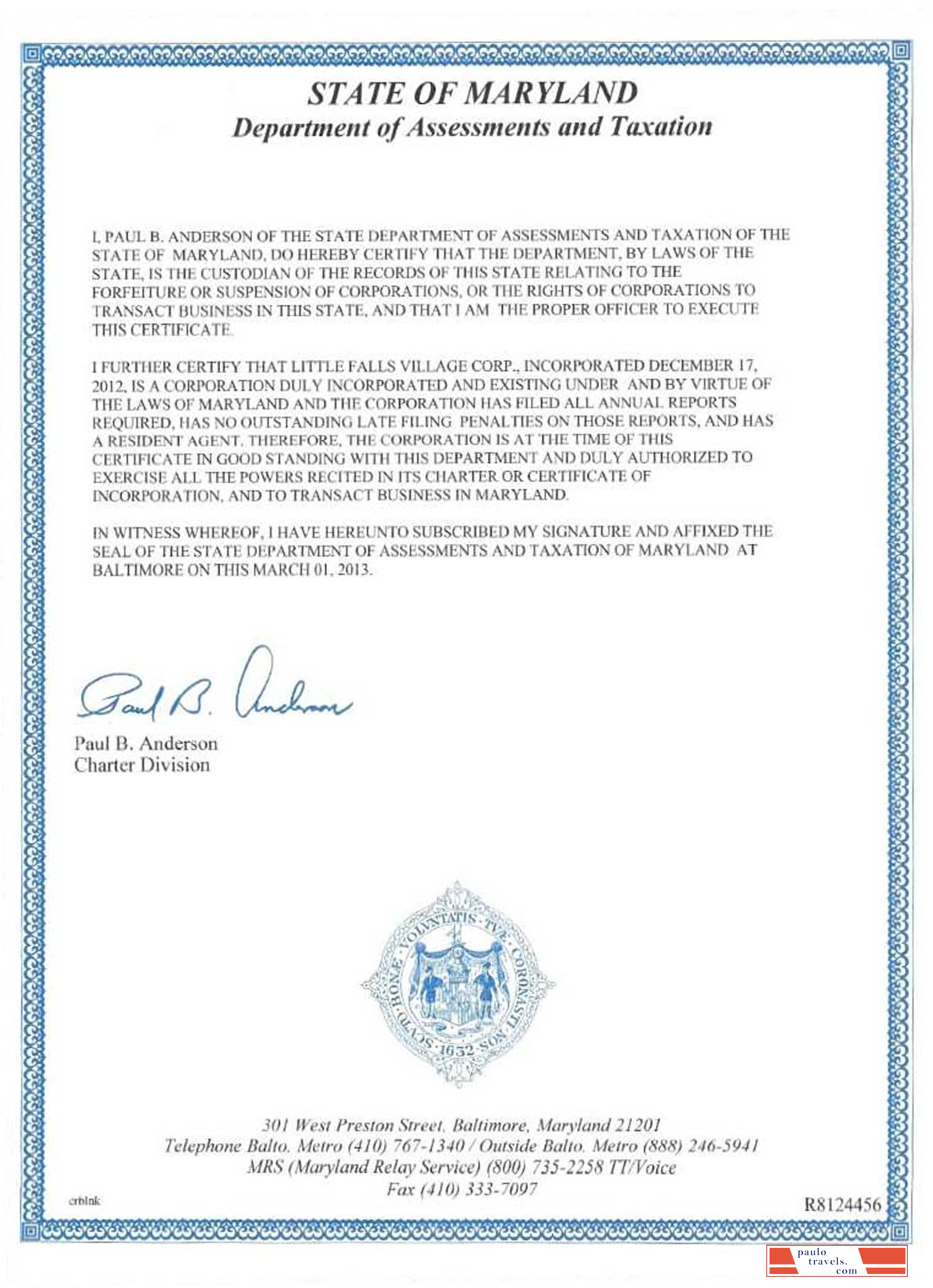 USA Maryland certificate of good standing